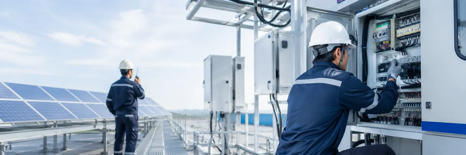 Technicians checking the panel of a rooftop solar plant