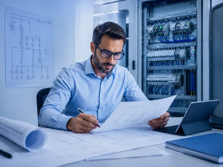 Engineer reviewing drawings and single-line diagrams in front of a panel