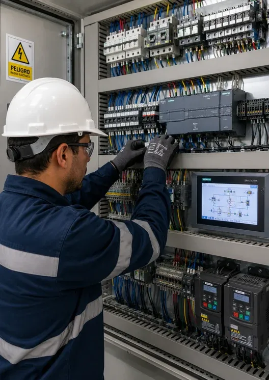 Technician working on a control and automation panel