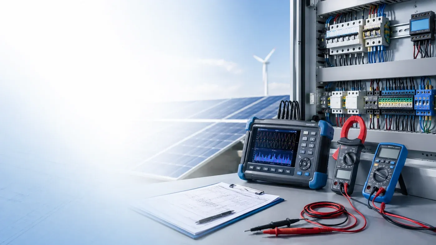 Electrical test instruments next to solar panels and a wind turbine