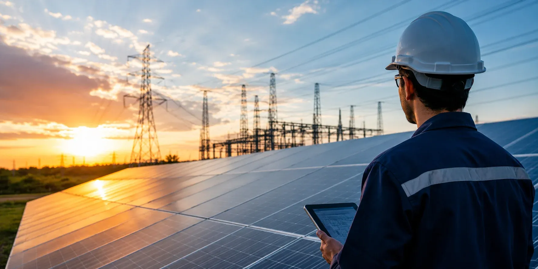 Electrical substation and solar plant at sunset with a field engineer