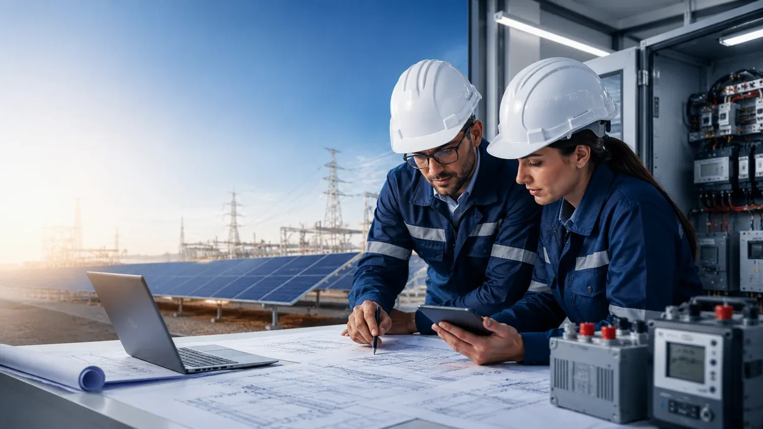Engineering team reviewing drawings next to an electrical panel